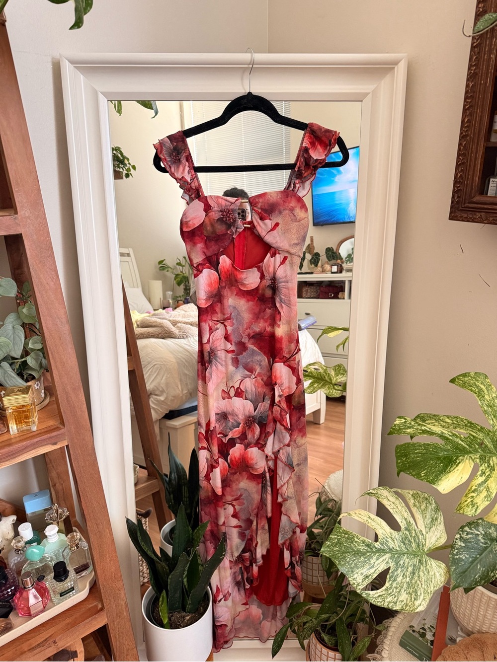 Edgebykys Floral Ruffled Strap Maxi Dress in Red and Pink - Picture 1 of 4